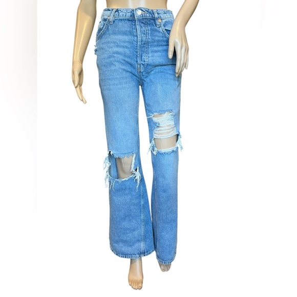 We The Free Free People Jeans Blue Denim Distressed Button Fly Flared Size 25 - Picture 1 of 10